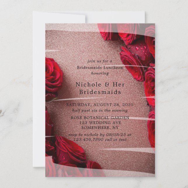 Invitation Parties scintillant rose Gold avec Red Roses Bride (Devant)