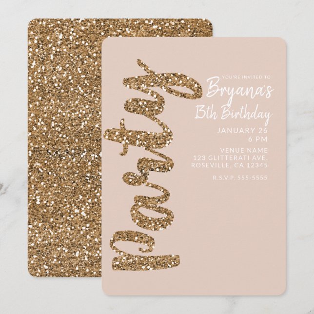 Invitation Parties scintillant Rose Gold Blush N'IMPORTE QUEL (Devant / Derrière)