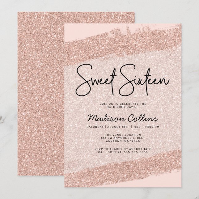Invitation Parties scintillant Rose Gold Brush Sweet 16 (Devant / Derrière)