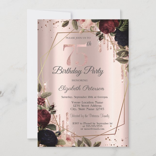 Invitation Parties scintillant Rose Gold Dark Flowers 75e (Devant)