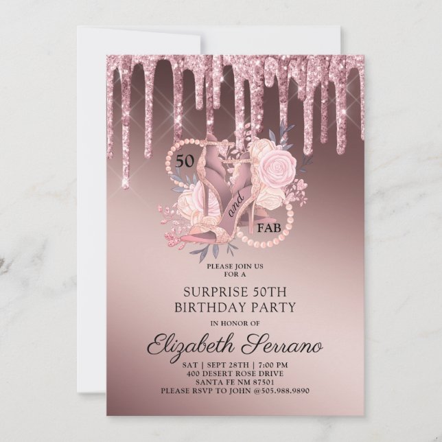 Invitation Parties scintillant rose Gold Drips 50 Et Fab Anni (Devant)