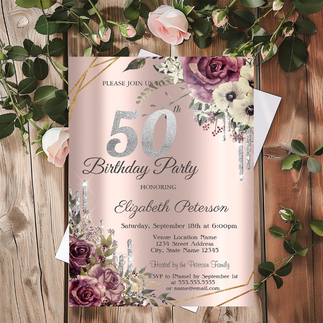 Invitation Parties scintillant Rose Gold Floral 50e anniversa (Créateur téléchargé)