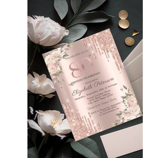 Invitation Parties scintillant Rose Gold Floral 80e anniversa (Créateur téléchargé)