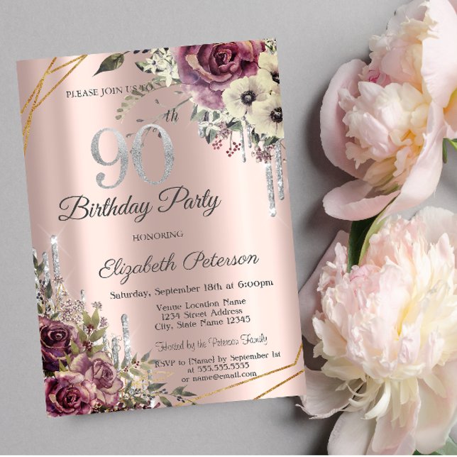 Invitation Parties scintillant Rose Gold Floral 90e anniversa (Créateur téléchargé)