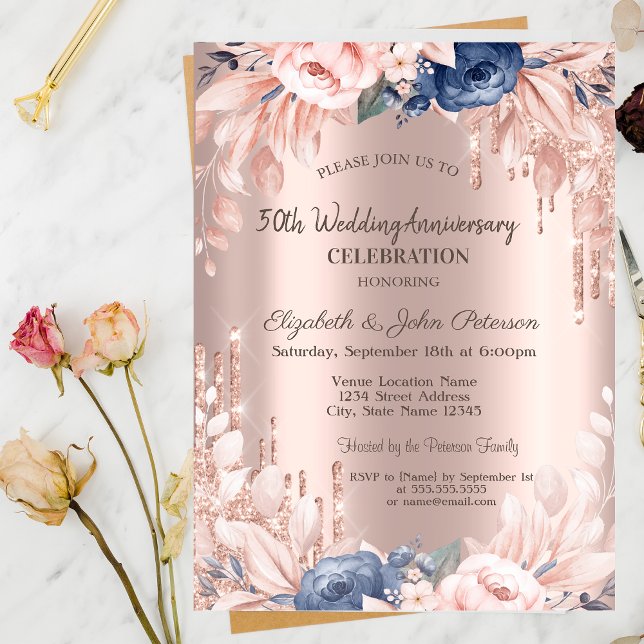 Invitation Parties scintillant Rose Gold Floral Mariage Anniv (Créateur téléchargé)