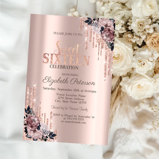 Invitation Parties scintillant Rose Gold Floral Sweet 16 (Créateur téléchargé)