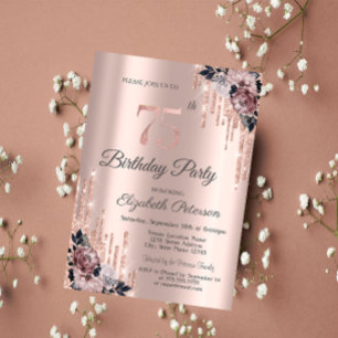 Invitation Parties scintillant Rose Gold Flowers 75e annivers
