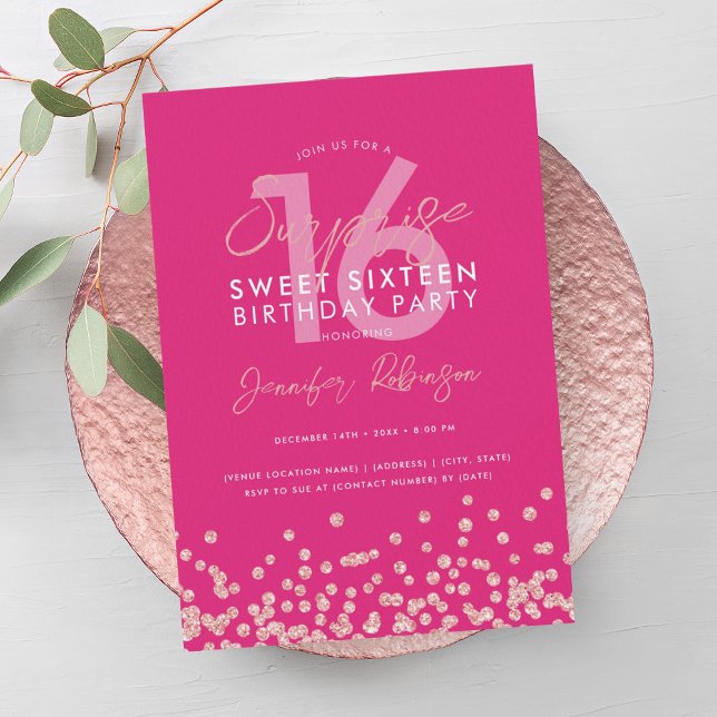 Invitation Parties scintillant rose Gold Hot Rose Surprise Sw (Rose Gold Hot Pink Glitter Surprise Sweet 16 Invitation)