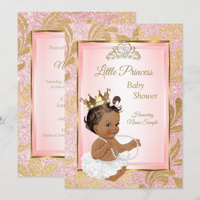Invitation Parties scintillant rose Gold Princesse Baby showe (Devant / Derrière)