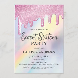 Invitation Parties scintillant rose gouttes arc-en-ciel Holog