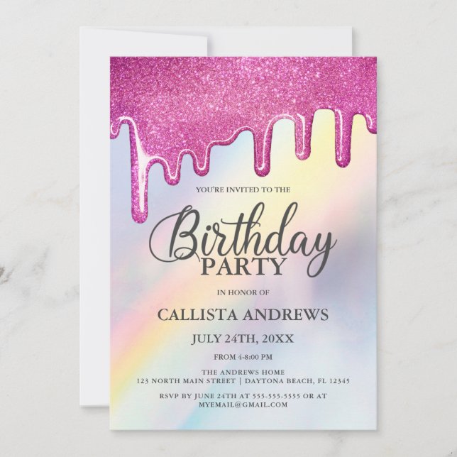 Invitation Parties scintillant rose gouttes arc-en-ciel Holog (Devant)
