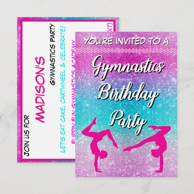 Invitation Parties scintillant rose Gymnastique Anniversaire  (Devant / Derrière)