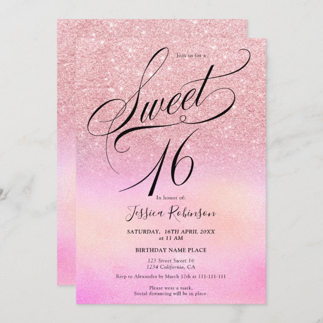 Invitation parties scintillant rose holographique script chic (Devant / Derrière)