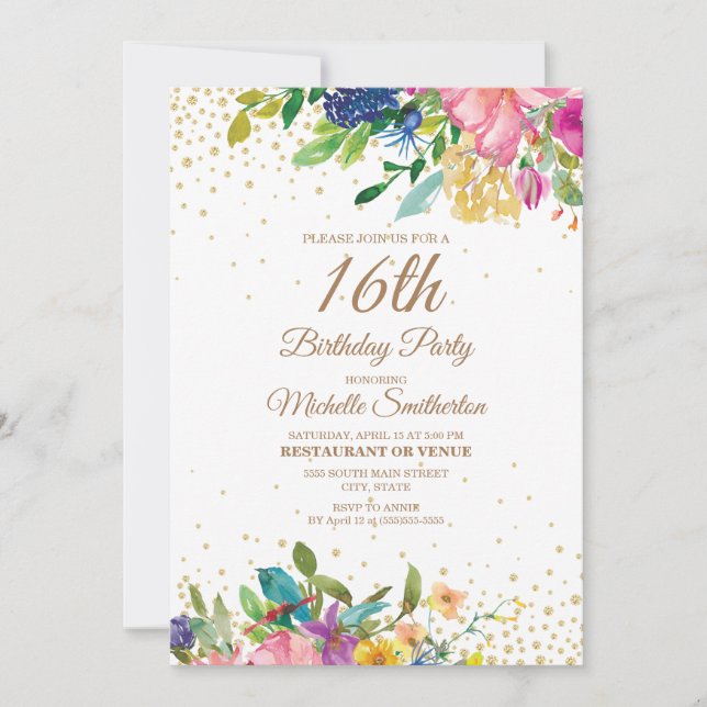 Invitation Parties scintillant rose jaune bleu floral or 16e  (Devant)