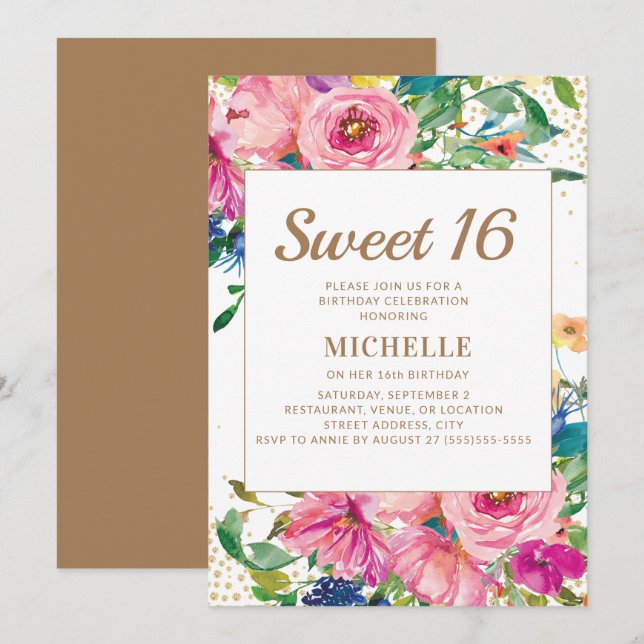 Invitation Parties scintillant rose jaune floral or doux 16 (Devant / Derrière)