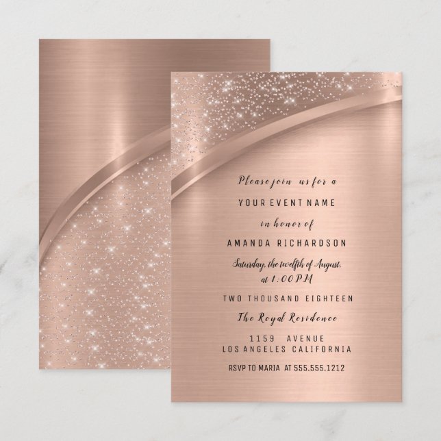Invitation Parties scintillant rose métal or Douce nuptiale 1 (Devant / Derrière)