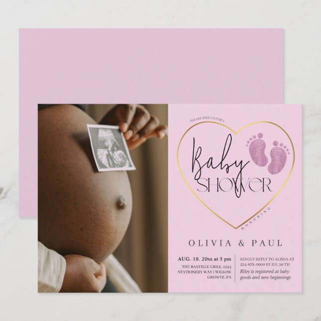 Invitation Parties scintillant rose moderne pieds bébé fille  (Devant / Derrière)