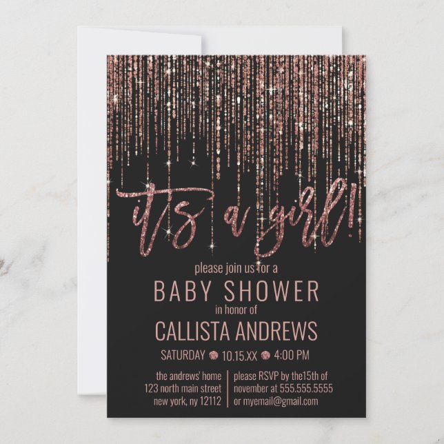 Invitation Parties scintillant Rose noir Baby shower Fringe  (Devant)