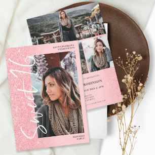 Invitation Parties scintillant rose ombre script 4 photos Swe