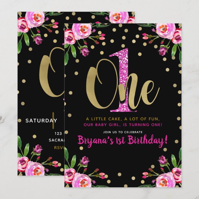 Invitation Parties scintillant rose ONE Floral noir 1er anniv (Devant / Derrière)