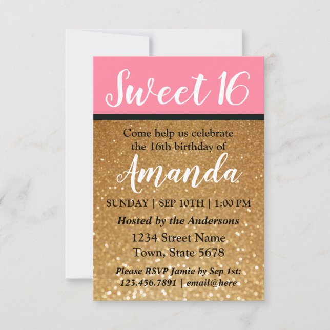 Invitation Parties scintillant rose + or A sucré 16 Anniversa (Devant)