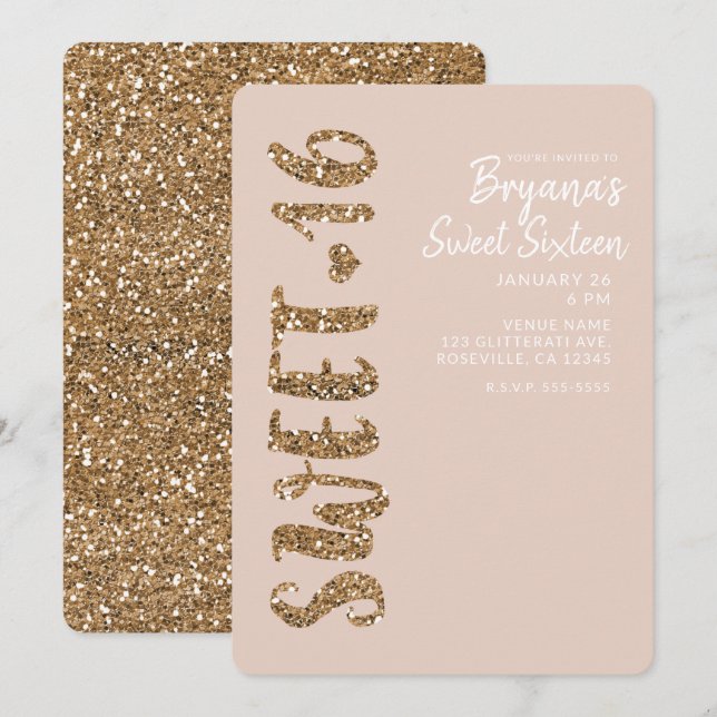 Invitation Parties scintillant Rose Or Blush Sweet 16 Seteen  (Devant / Derrière)