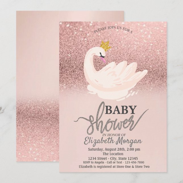 Invitation Parties scintillant rose or Bokeh, Baby shower cyg (Devant / Derrière)