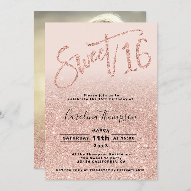 Invitation parties scintillant rose or chic script blush Swee (Devant / Derrière)