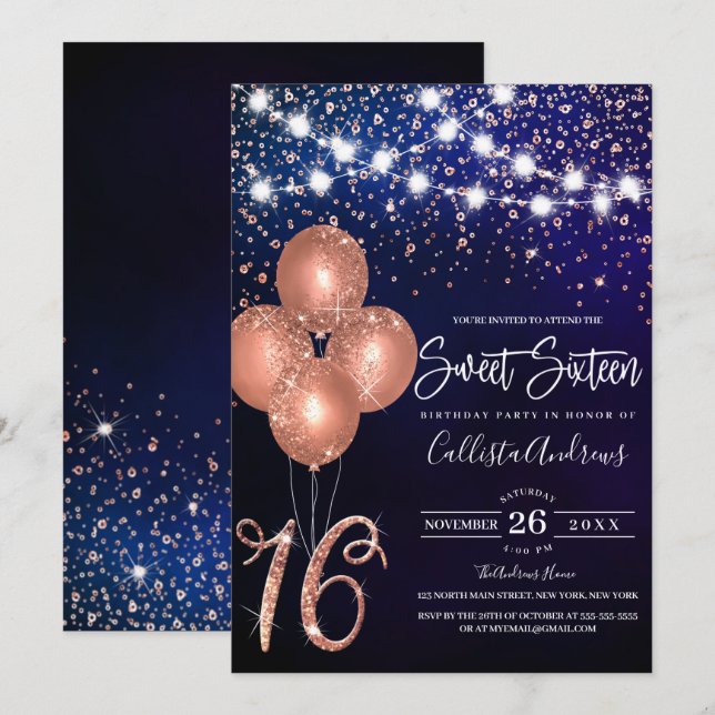 Invitation Parties scintillant rose or Confetti Balloons Ligh (Devant / Derrière)