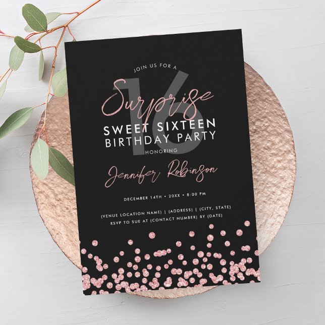 Invitation Parties scintillant rose or Confetti Surprise Swee (Rose Gold Glitter Confetti Surprise Sweet 16 Invitation)