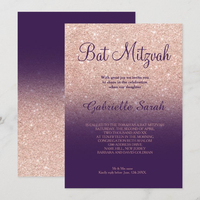 Invitation parties scintillant rose or faux  violet ombre Bat (Devant / Derrière)