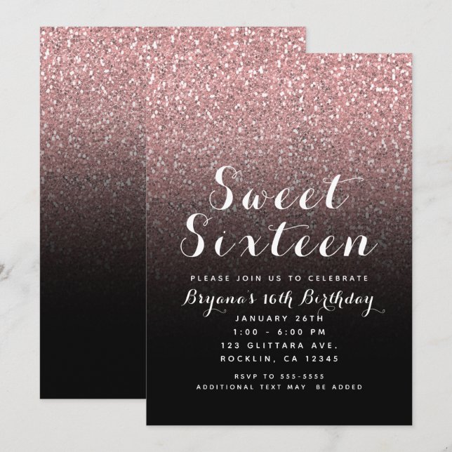 Invitation Parties scintillant rose or rose & Black Sweet 16  (Devant / Derrière)