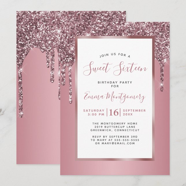 Invitation Parties scintillant rose or rose Sweet 16 Annivers (Devant / Derrière)
