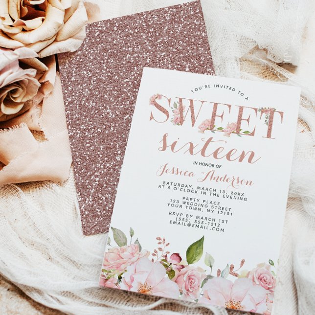 Invitation Parties scintillant rose or rose Sweet sixteen Flo (Créateur téléchargé)