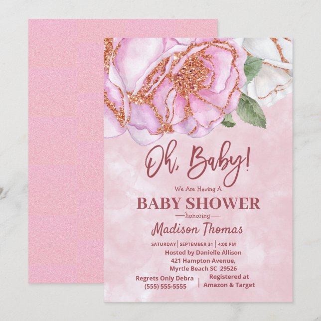 Invitation Parties scintillant rose Rose Baby shower filles (Devant / Derrière)