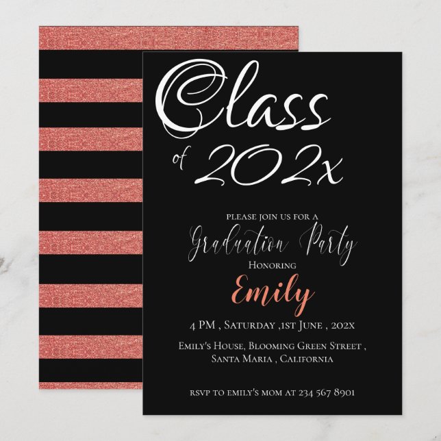 Invitation Parties scintillant rose rose noire et blanche Élé (Devant / Derrière)