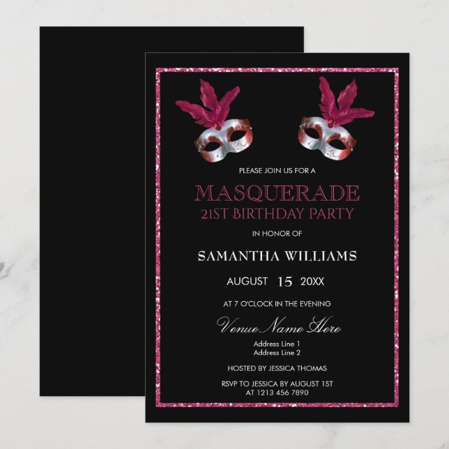 Invitation Parties scintillant rose stylisée Masquerade 21e a (Devant / Derrière)