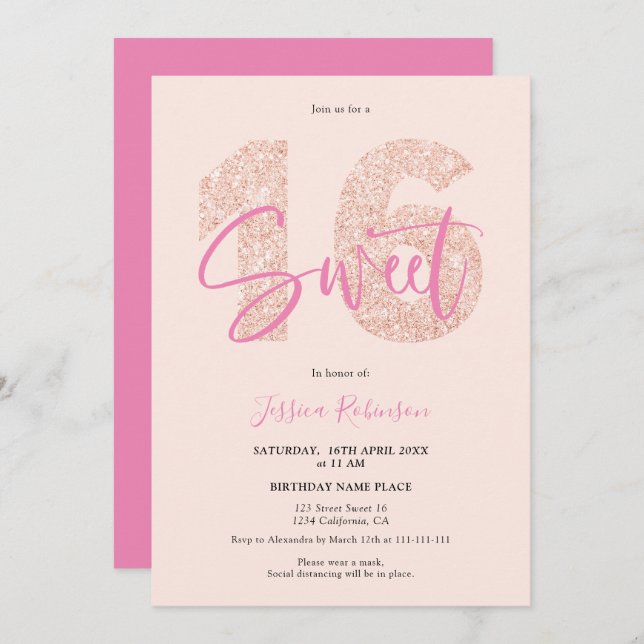 Invitation Parties scintillant rose Sweet 16 flush script pho (Devant / Derrière)