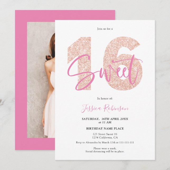 Invitation Parties scintillant rose Sweet 16 girly script pho (Devant / Derrière)