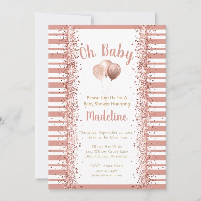 Invitation Parties scintillant rose vif rayures Oh Baby showe (Devant)