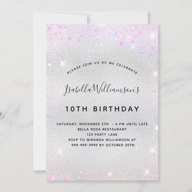 Invitation Parties scintillant rose violet argenté (Devant)