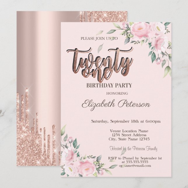 Invitation Parties scintillant Roses roses  Rose Or 21e anniv (Devant / Derrière)