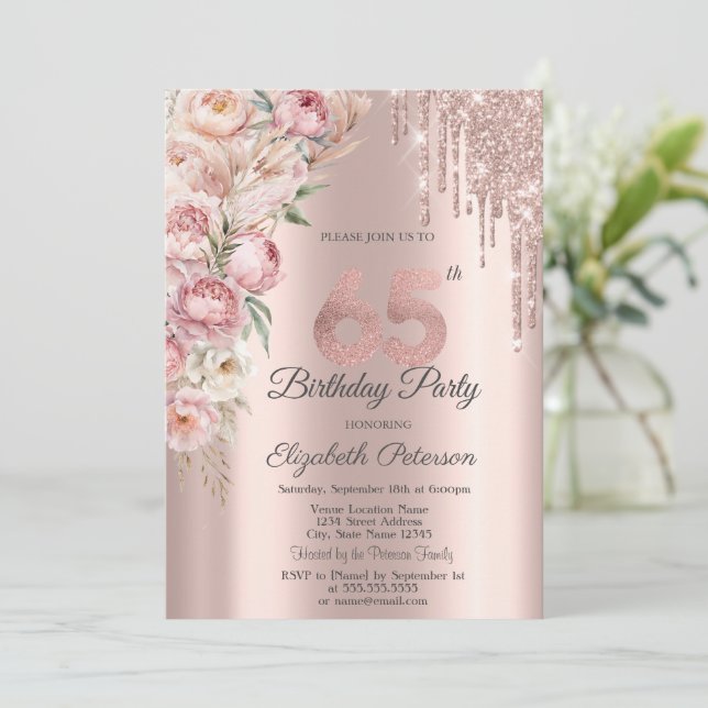 Invitation Parties scintillant Roses roses  Rose Or 65e anniv (Debout devant)