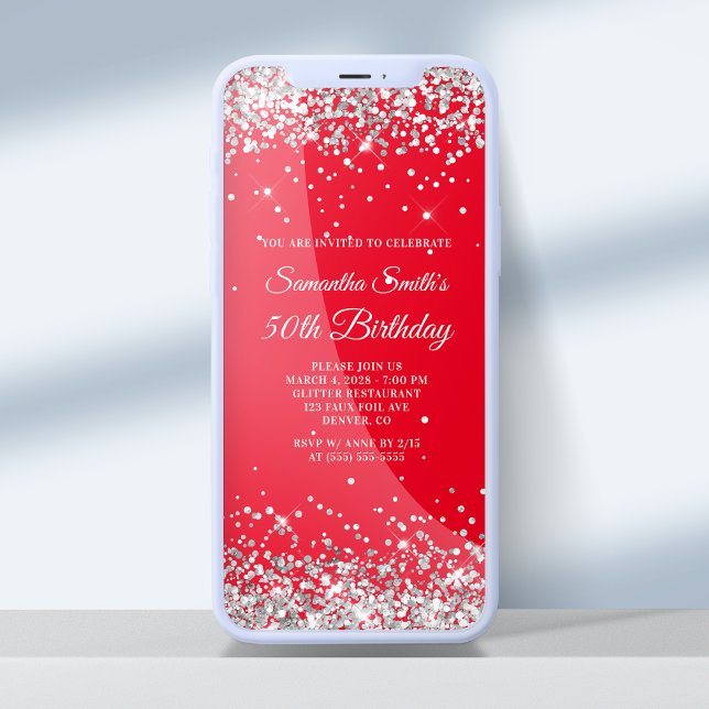 Invitation Parties scintillant rouge et argent 50e anniversai (Créateur téléchargé)