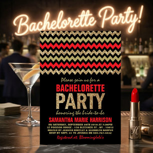Invitation Parties scintillant rouge et or Chevron Bacheloret
