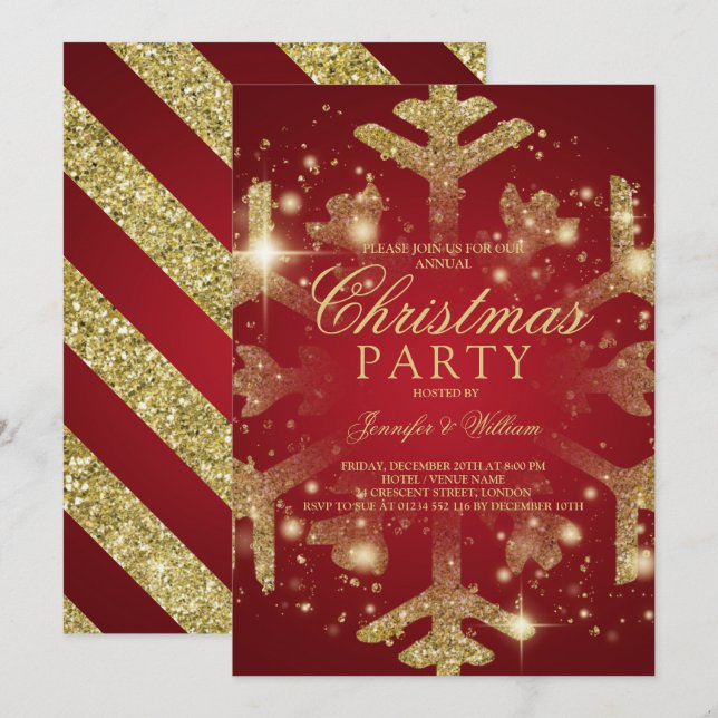 Invitation Parties scintillant rouge et or Feu de neige Fête  (Devant / Derrière)