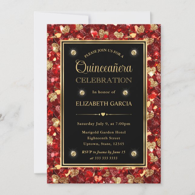 Invitation Parties scintillant rouge et or Valentine Coeurs Q (Devant)