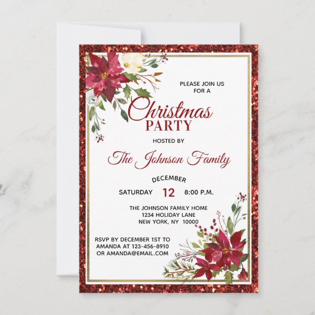 Invitation Parties scintillant rouge Fête de NOËL Floral Poin (Devant)