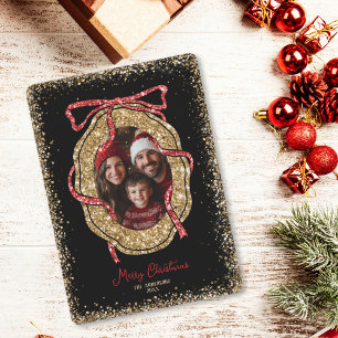 Invitation Parties scintillant Rouge or Joyeux Noël Photo fam