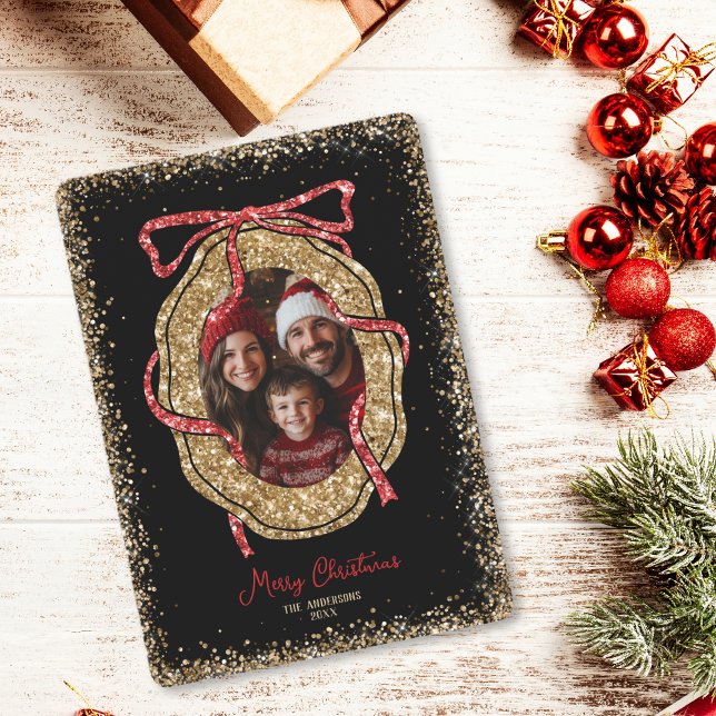 Invitation Parties scintillant Rouge or Joyeux Noël Photo fam (red and gold glitter bow photo frame christmas card)